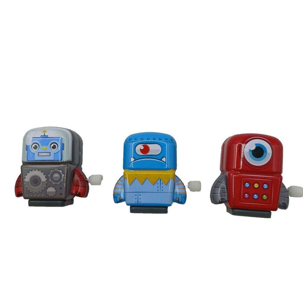 Schylling Mini Wind-Up Robots Lot of 3 Grey Blue & Red Tested Work 2" Tall